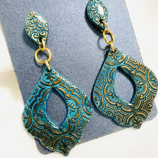 Polymer Clay Earrings, Moroccan Style, Green and Gold, Handmade, Australian made